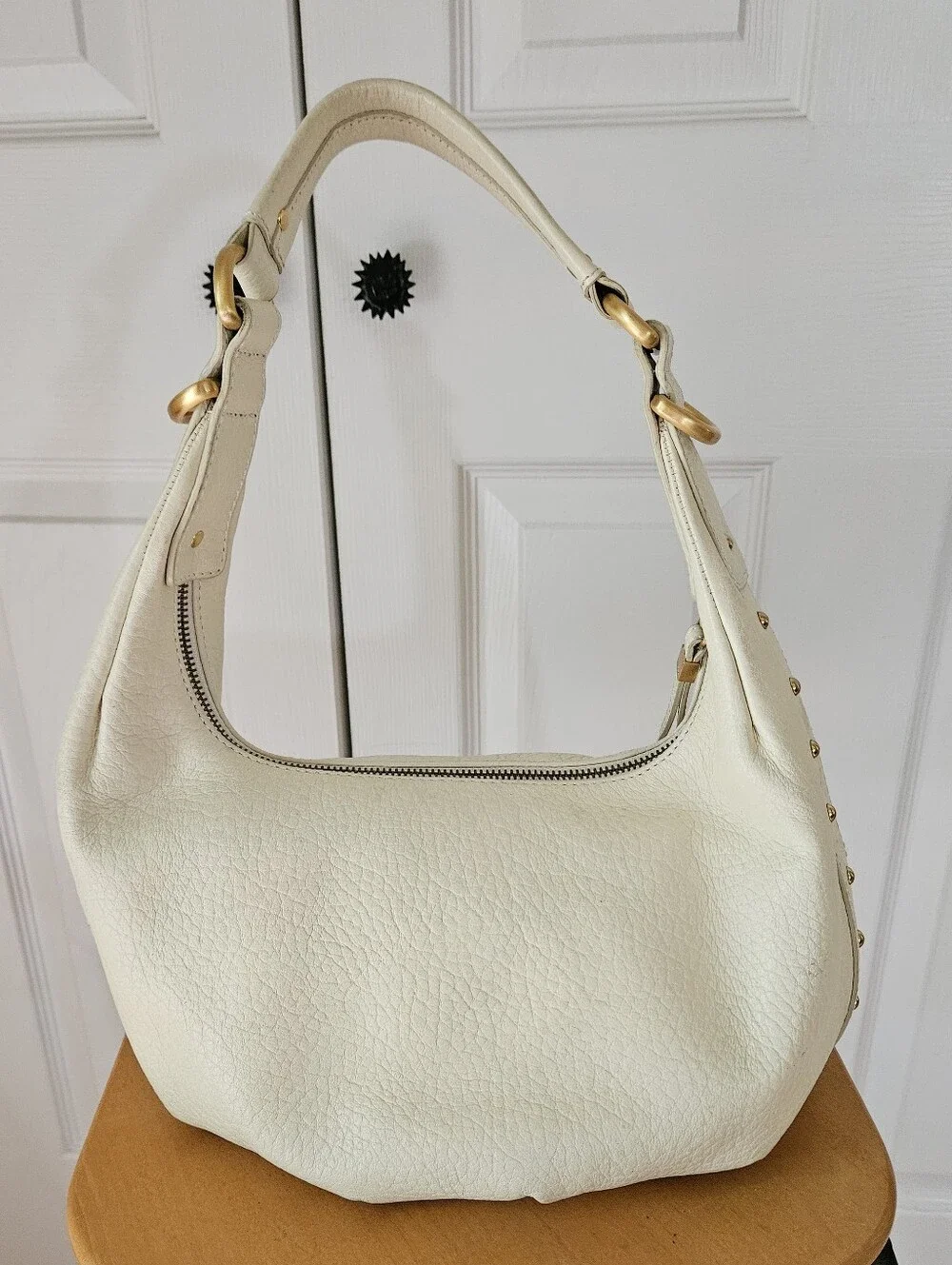 MAXX NEW YORK Cream Pebbled Leather with Gold Hardware Hobo Shoulder Bag